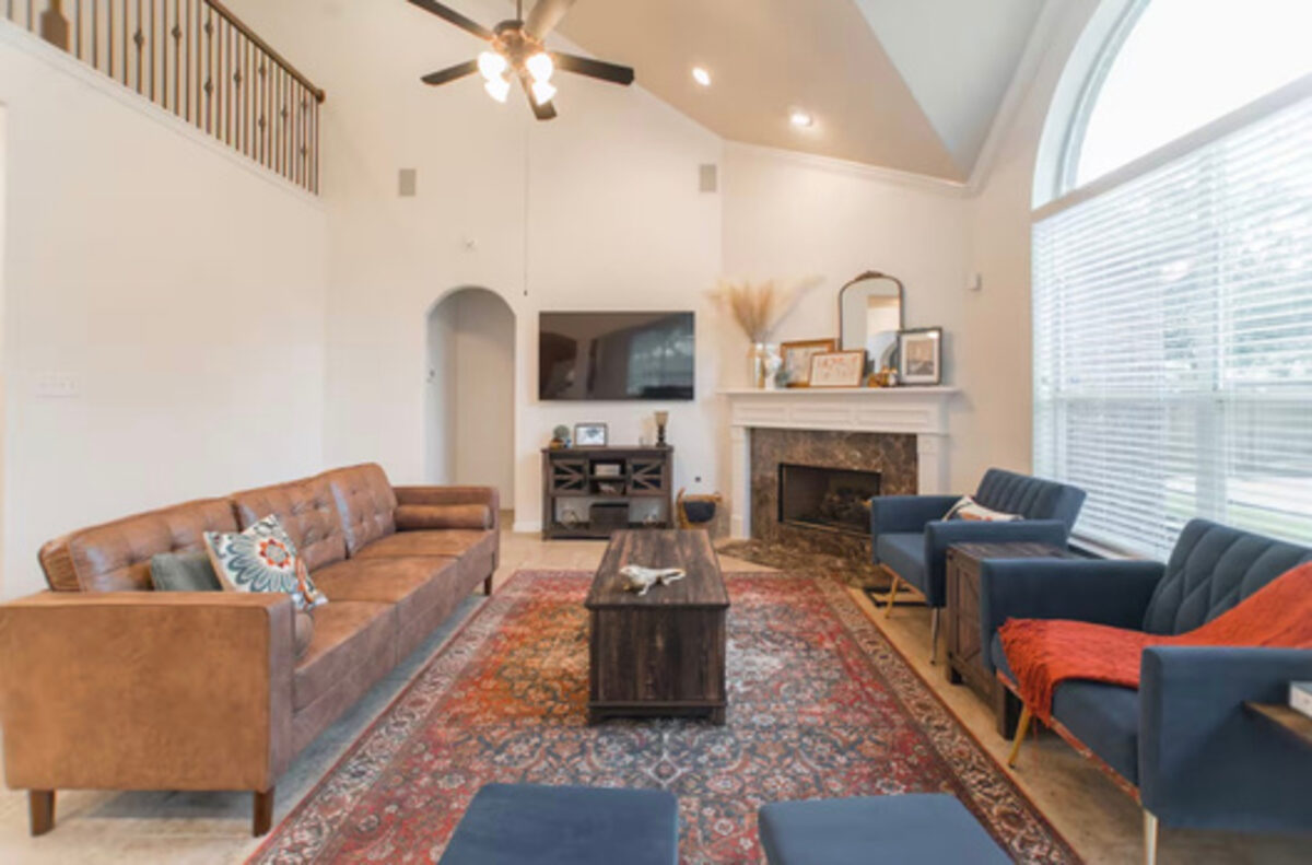 Living room with cathedral ceilings